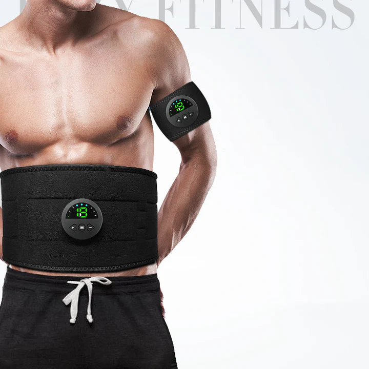 Man wearing EMS abs stimulator belt on waist and arm band – front view