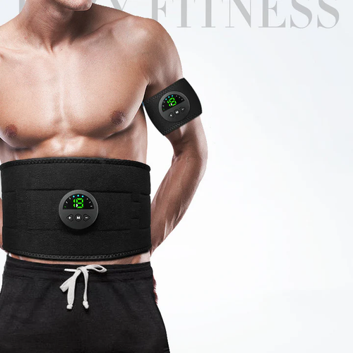 Man wearing EMS abs stimulator belt on waist and arm band – front view