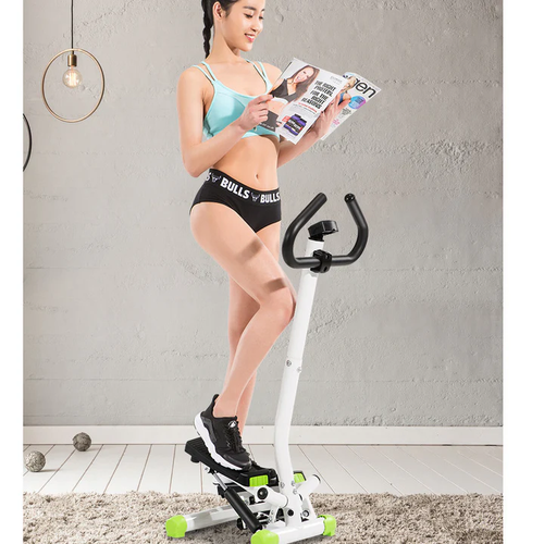 Woman using mini stepper with handlebar – full body lifestyle shot