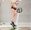 Woman using mini stepper with handlebar – side view close-up